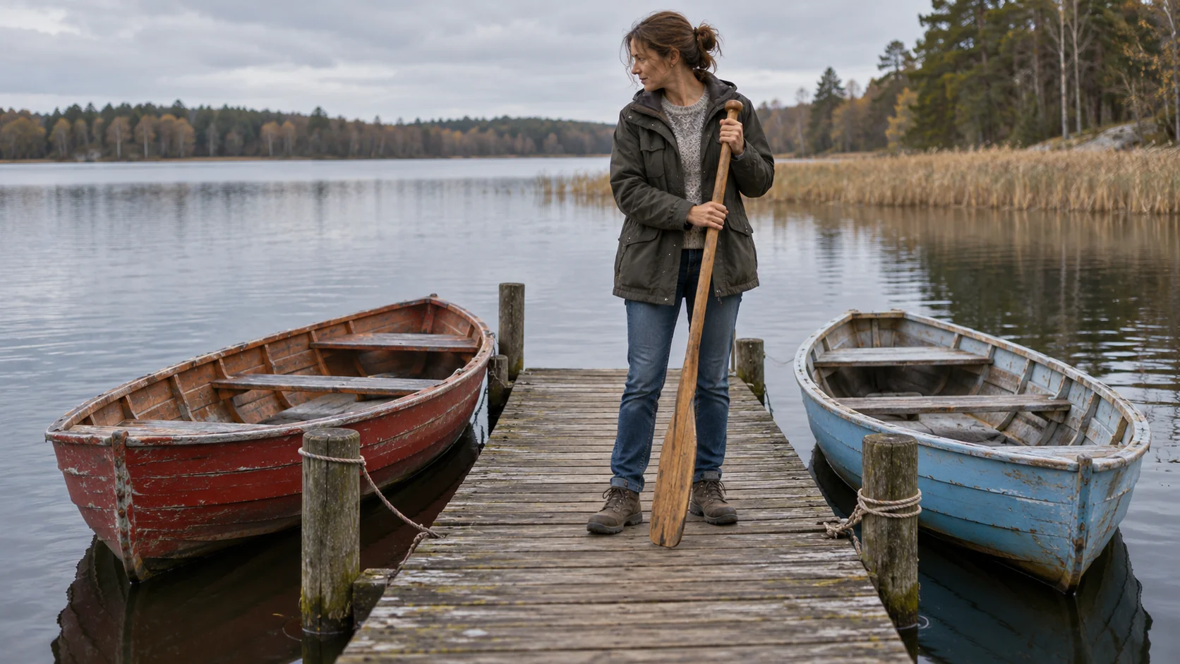 A woman holds an oar between two differently colored rowboats moored at the same wooden jetty