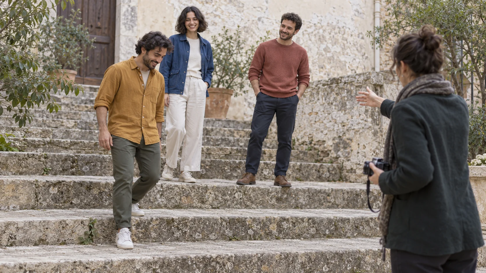 A photographer guides three friends on stone steps as the friend in an ochre shirt moves to a lower step