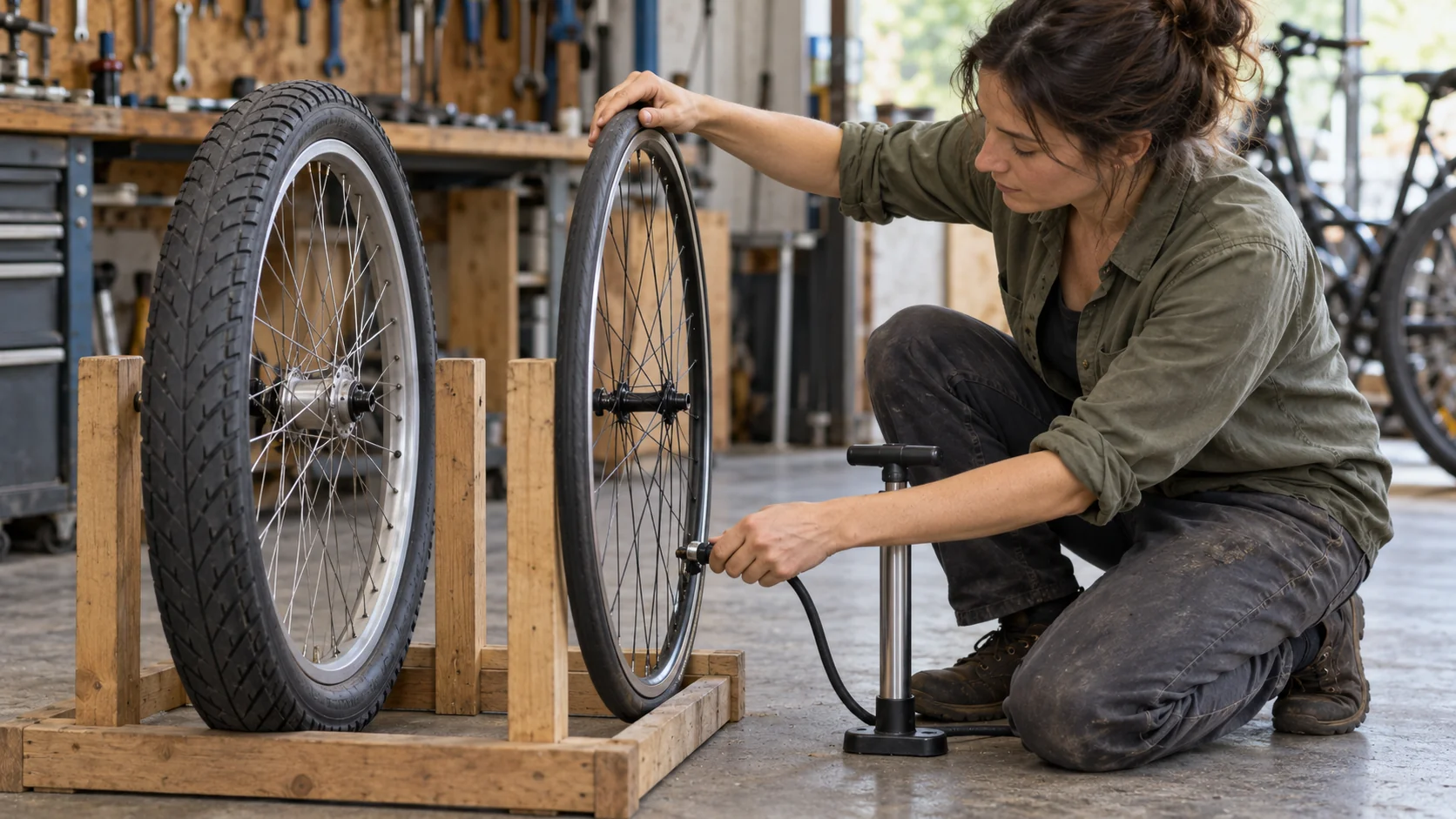 A mechanic checks a narrow bicycle tire beside a broader tire in a workshop