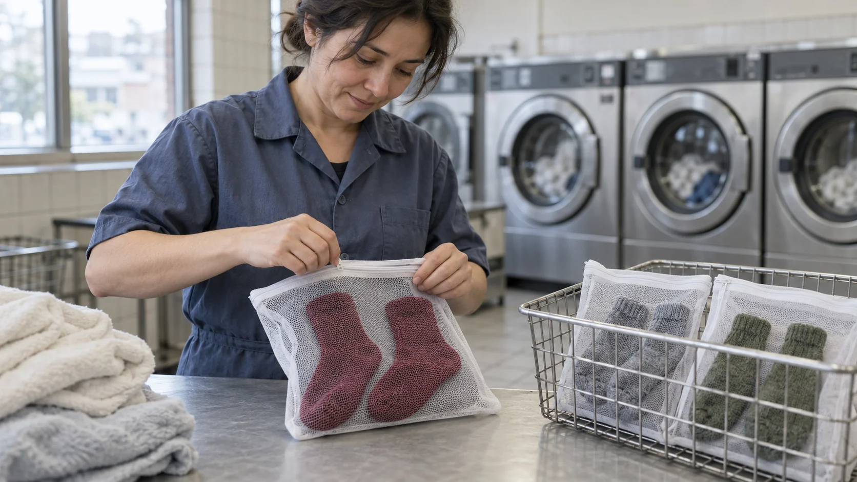 A laundry worker closes a mesh pouch around a pair of burgundy socks beside separately bagged pairs in a basket