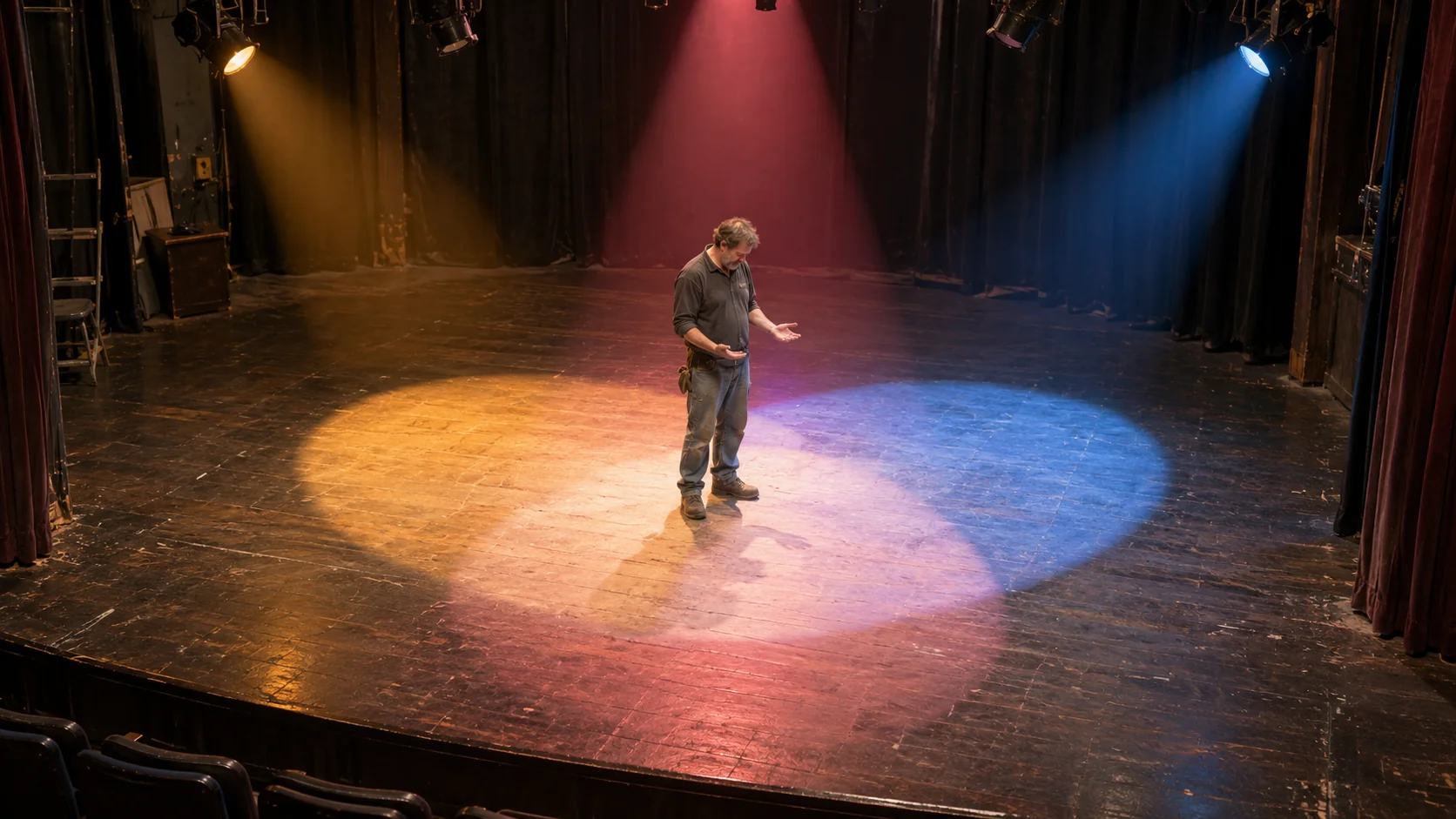 A stagehand stands where amber, rose, and blue pools of light overlap on a wooden theatre stage