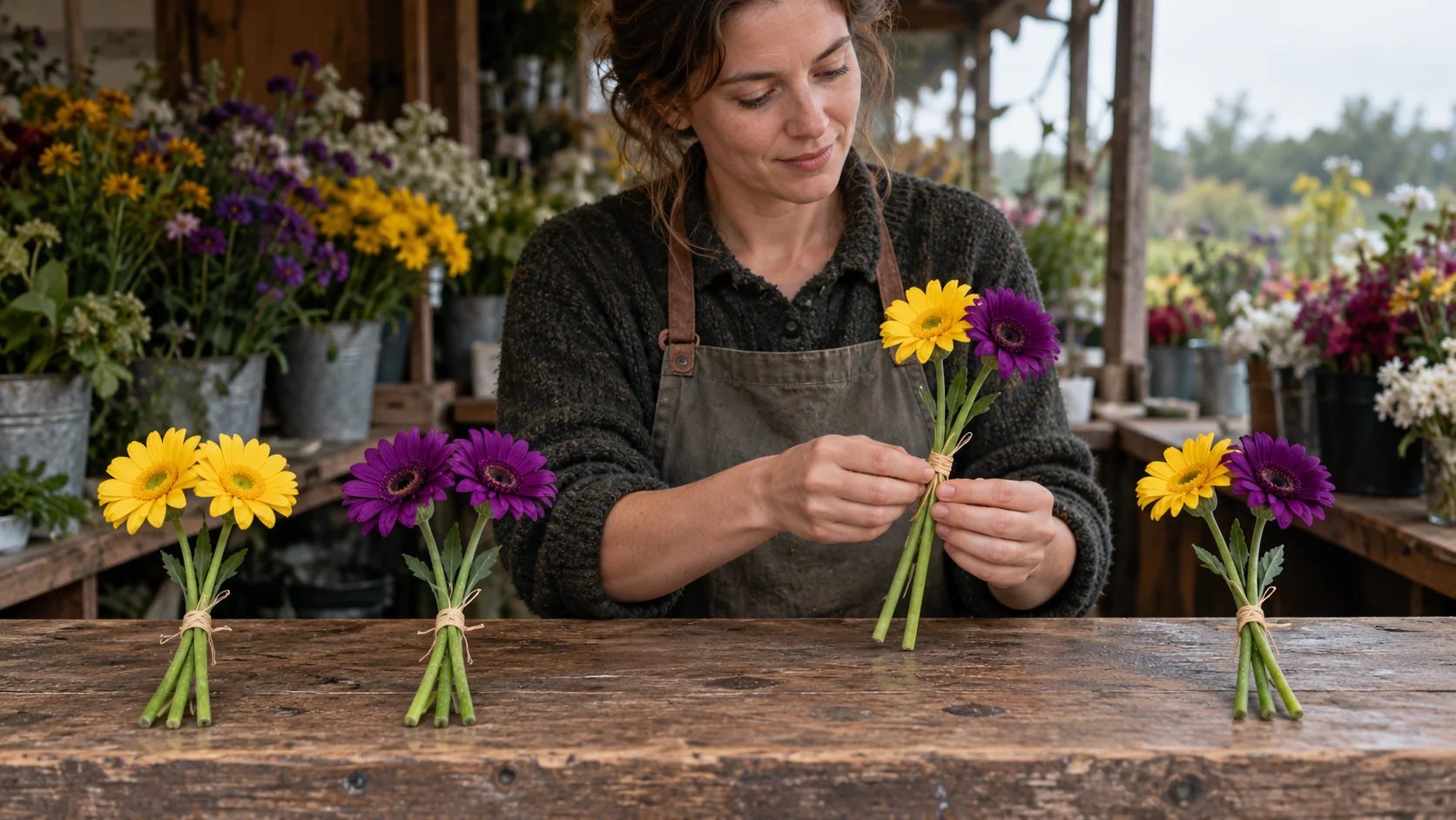 A florist ties yellow and purple daisies into a mixed pair beside same-color and mixed flower pairs