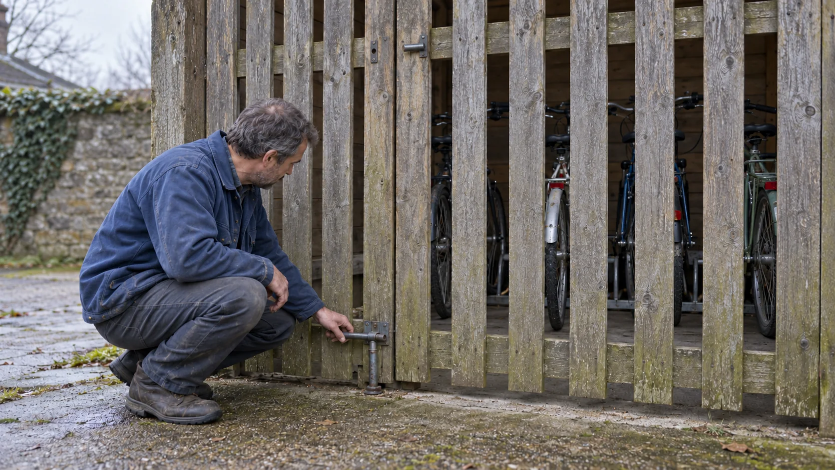 A man checks a ground bolt on a closed bicycle-shed gate while four bicycles remain visible behind the slats