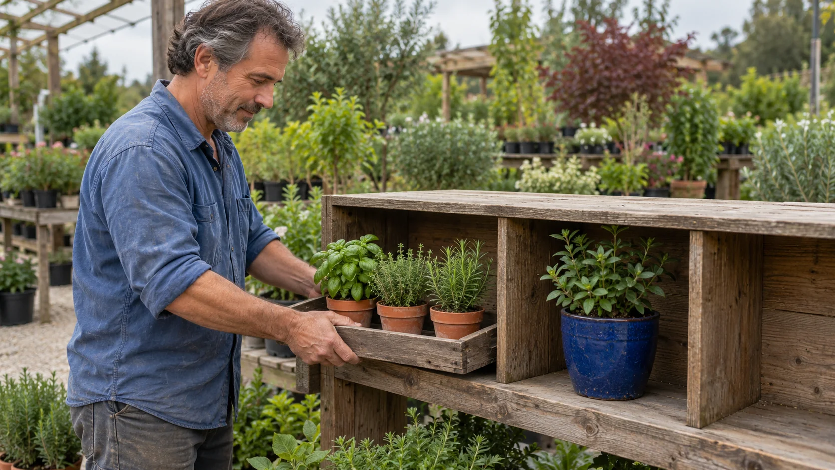 A gardener slides a tray holding three herb pots into one shelf bay beside a single blue pot