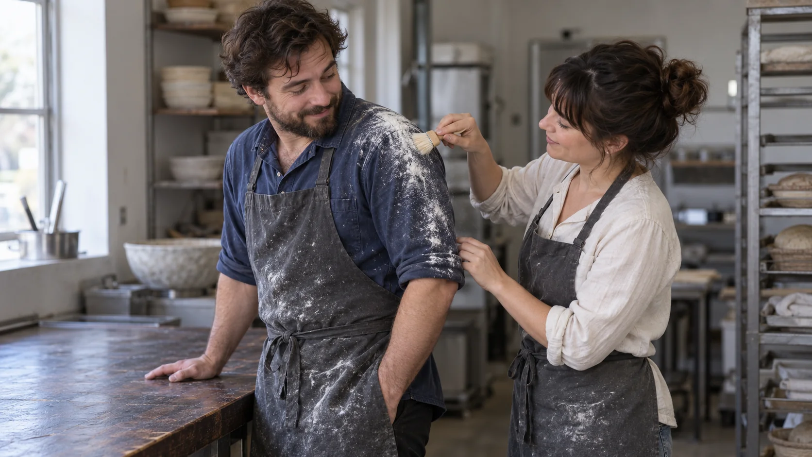 A bakery coworker brushes flour from a baker's blue-shirted shoulder beside a mostly clear work counter