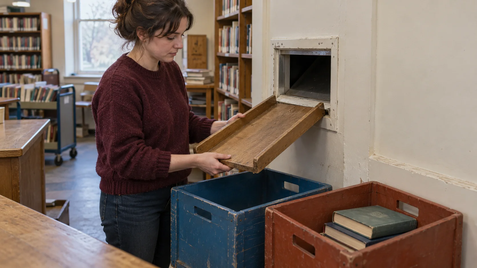 A library volunteer lifts a removable wooden guide from a return hatch while books remain in the adjacent crate