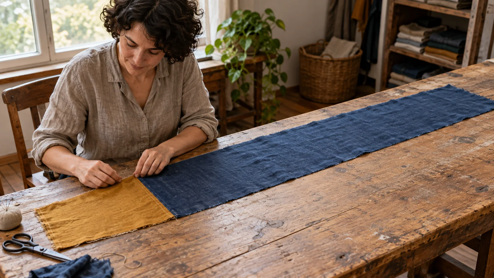 A woman joins a short ochre fabric panel to a much longer blue panel of the same width