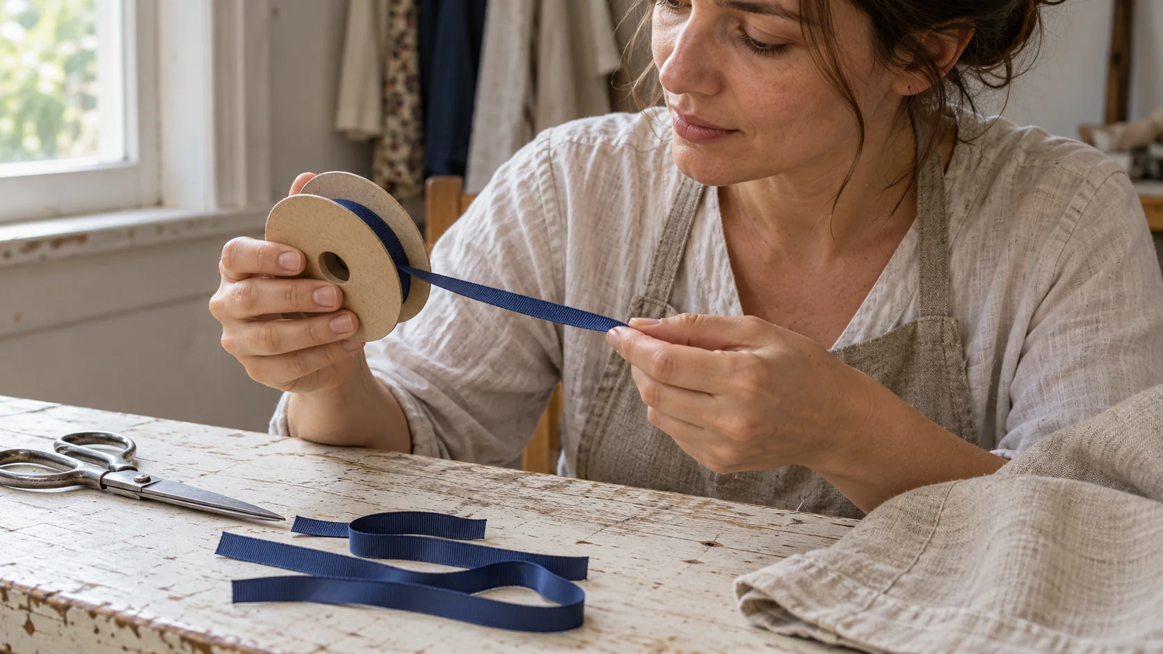 A dressmaker checks blue ribbon remaining on a cardboard reel beside lengths already cut