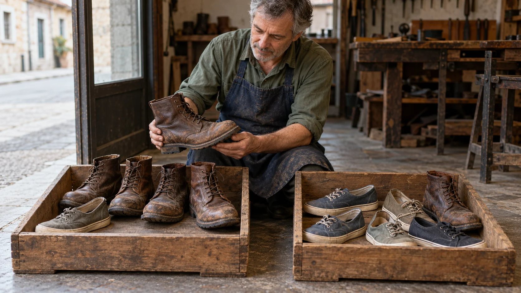 A cobbler inspects a boot beside two crates containing different mixes of boots and low canvas shoes