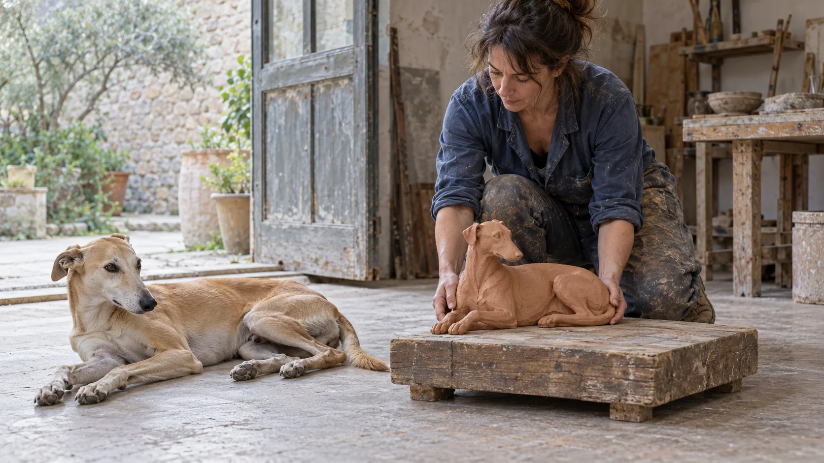 A potter lowers a reclining terracotta hound onto a wooden plinth beside a real dog resting on the floor