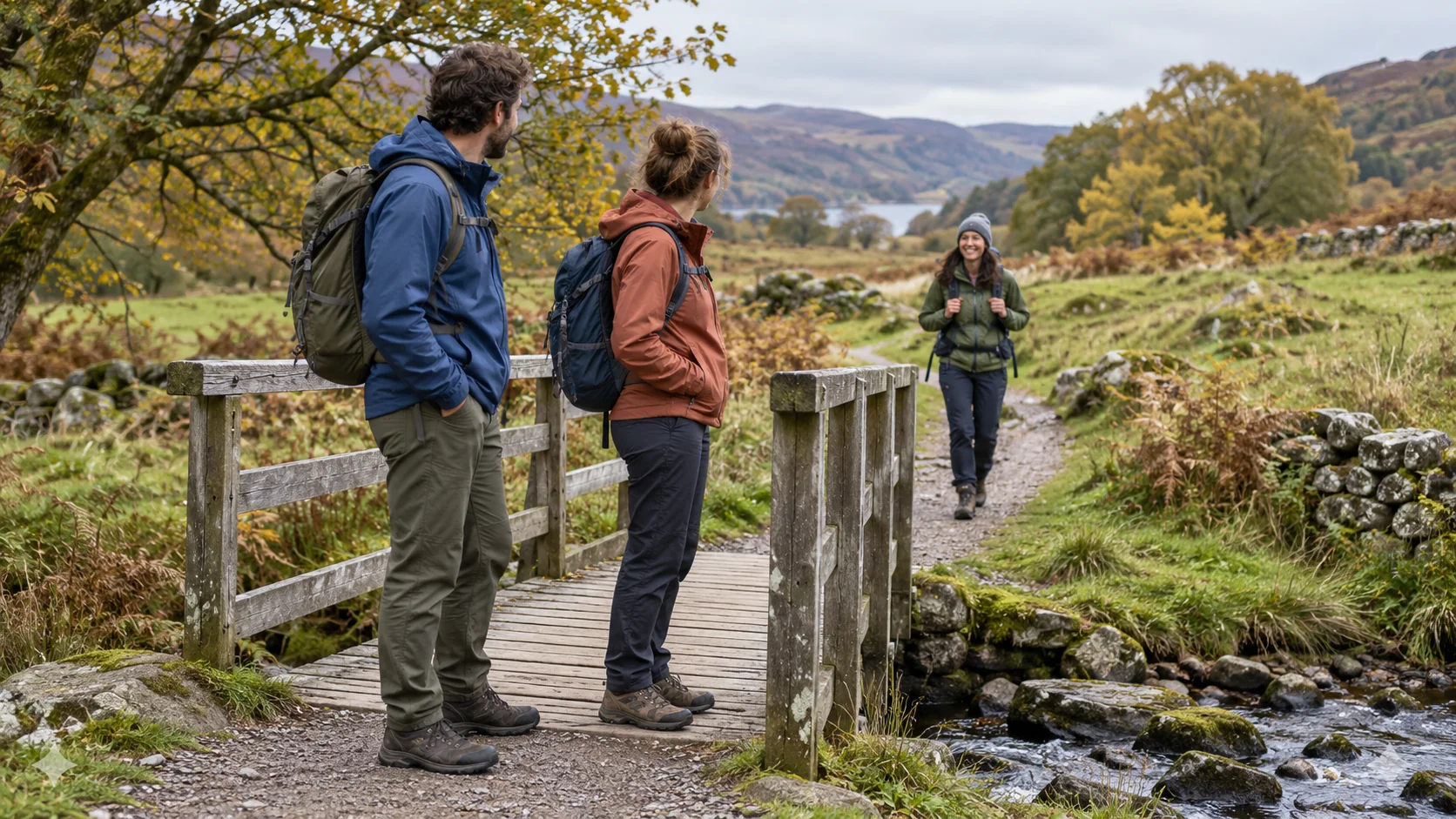 Two walkers wait on a wooden footbridge as their third companion approaches along an autumn path