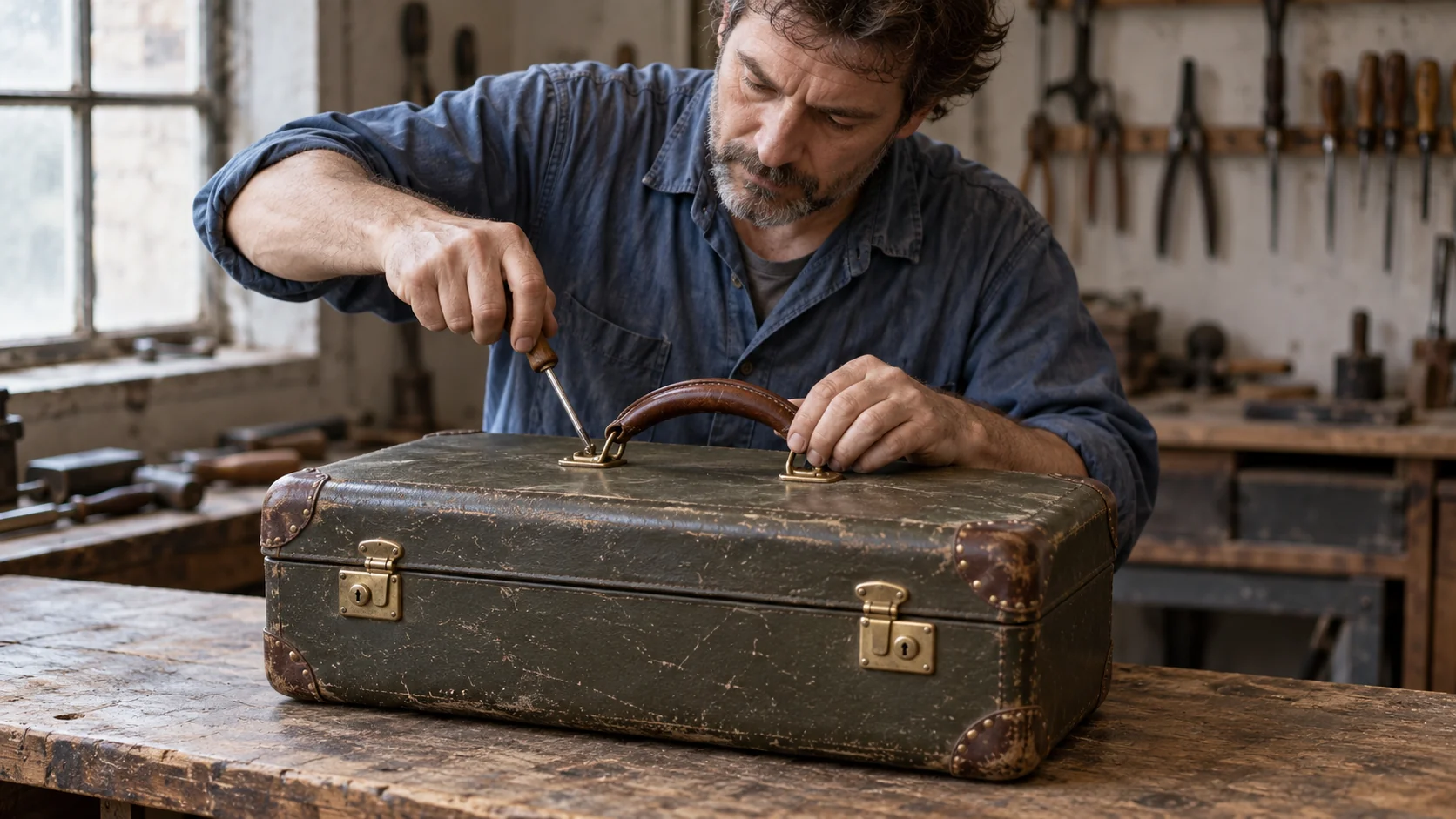 A repairer tightens a leather handle bracket on a closed, worn olive suitcase