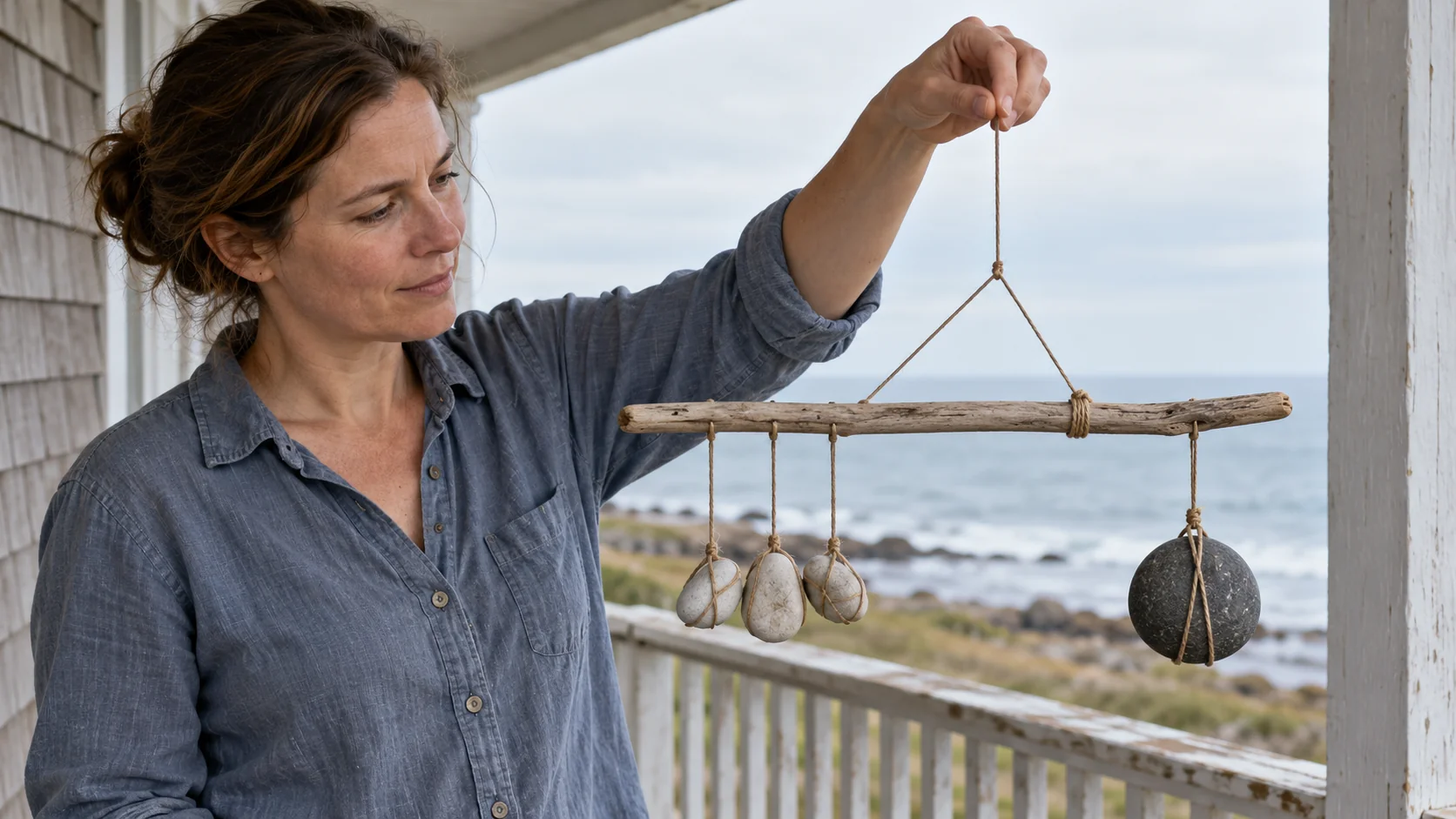 A woman checks a driftwood mobile balancing three small pale stones against one larger dark stone