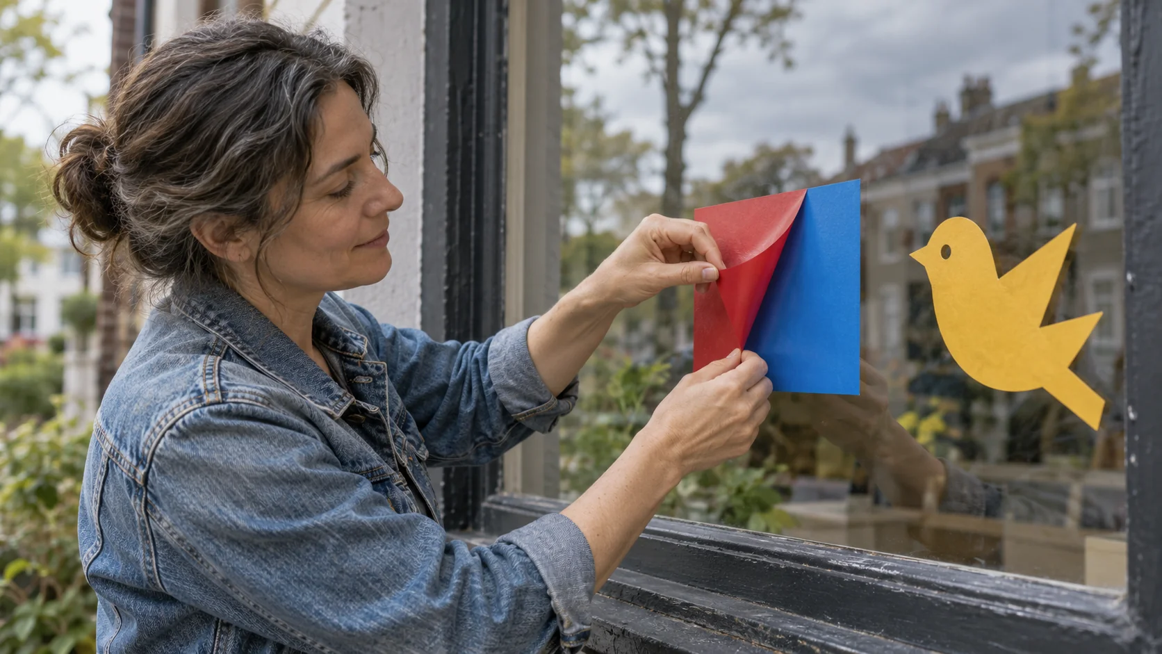 A volunteer peels a red square from a blue window decoration while a separate yellow bird stays in place