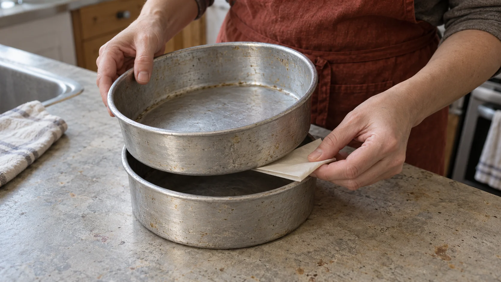 A baker places folded parchment between the rims of two nested cake tins