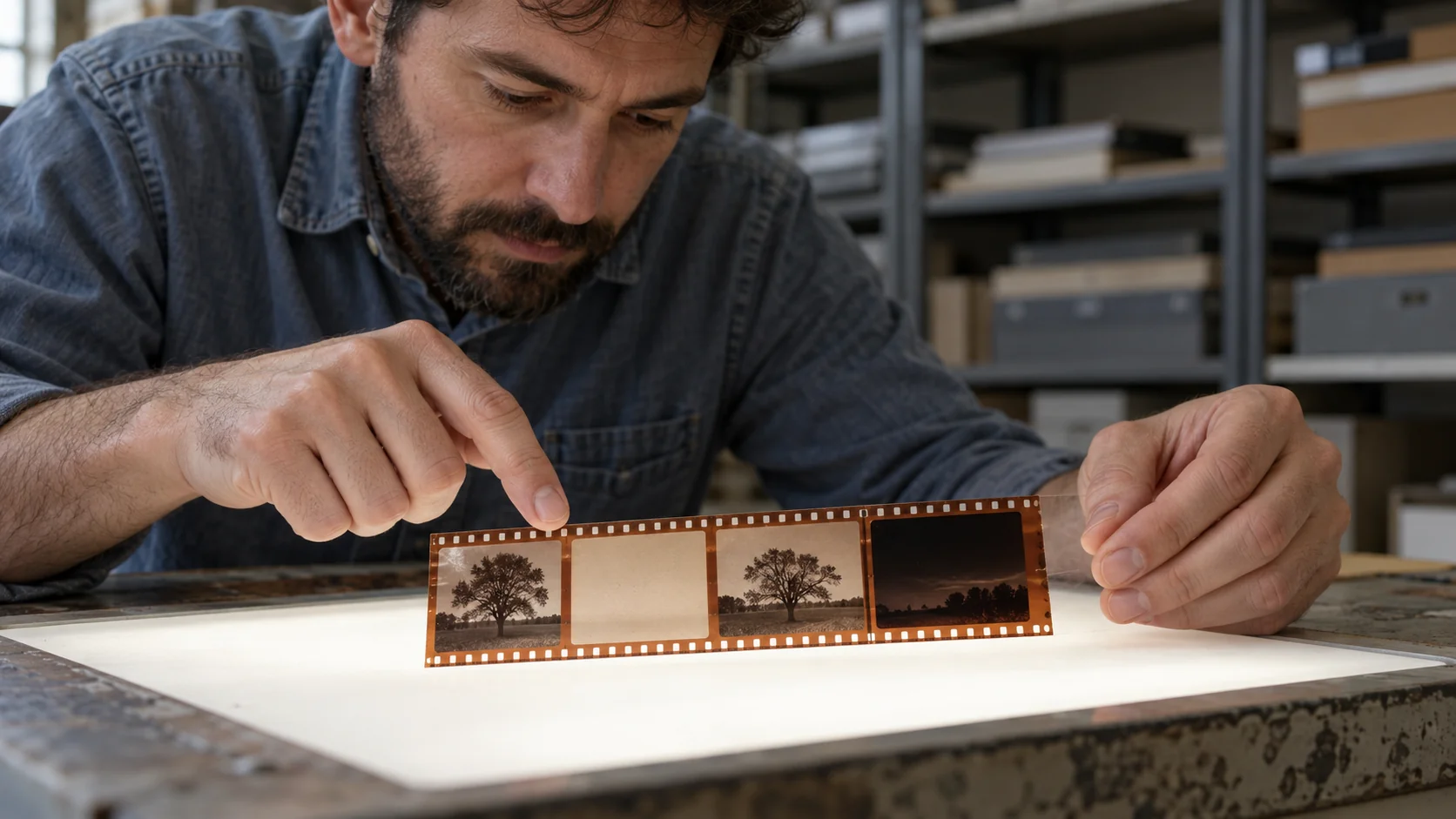 A photo archivist inspects a blank frame between tree photographs on a short film strip over a light panel