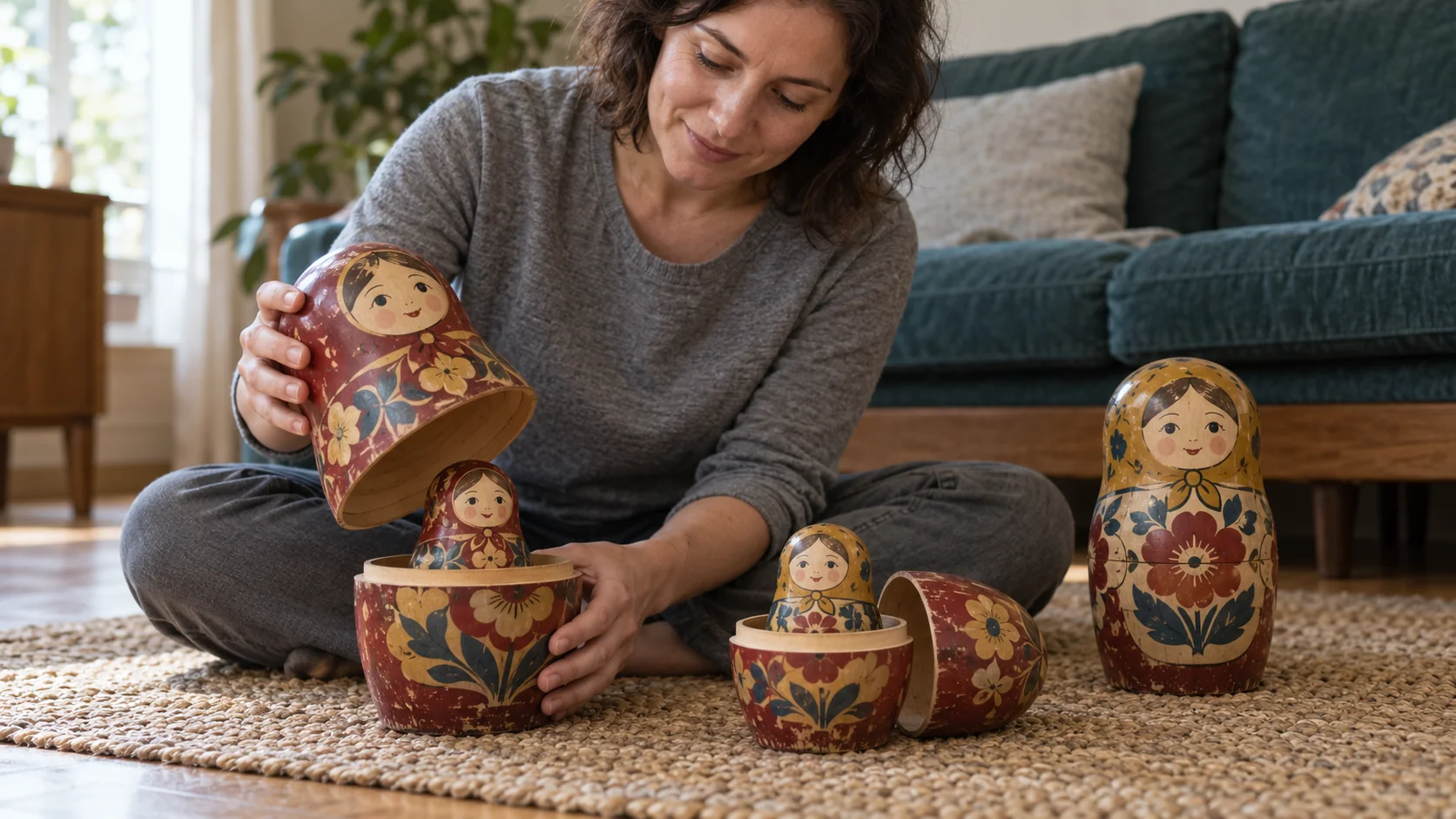 A woman opens a wooden nesting doll to reveal a smaller figure, beside another opened doll and an untouched closed one
