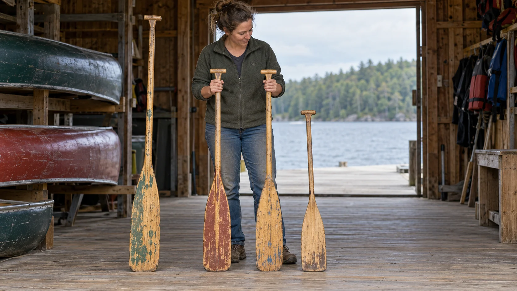 A canoe-club volunteer compares two equal-length paddles beside a longer paddle and a shorter one