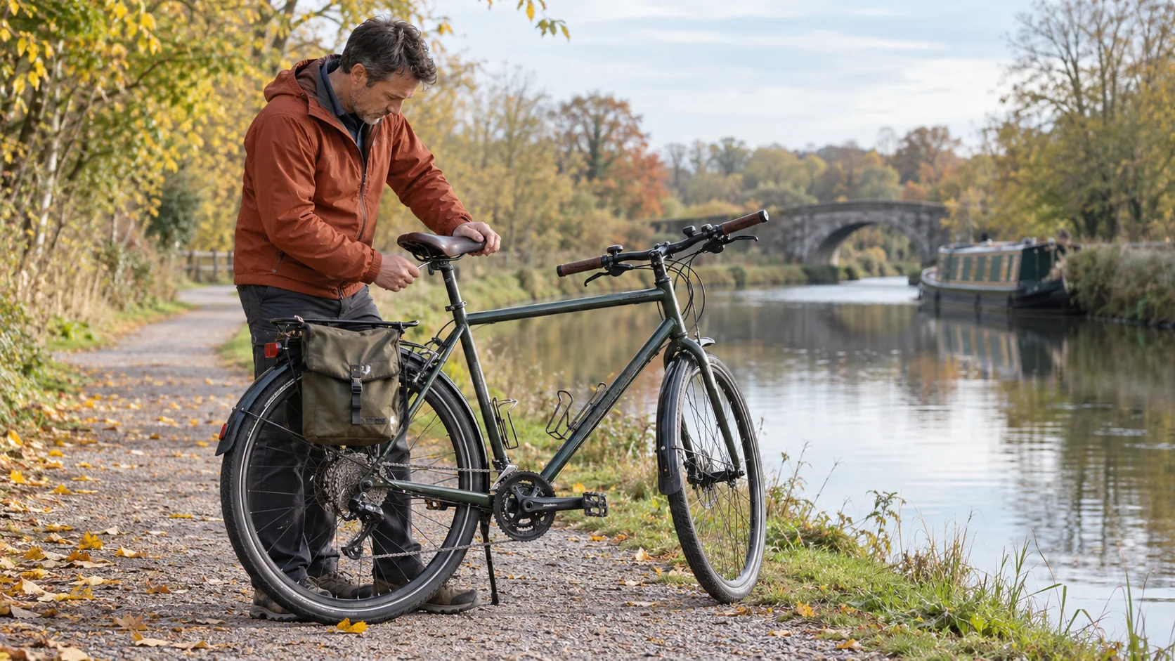 A cyclist pauses beside a canal towpath to adjust the saddle of his bicycle