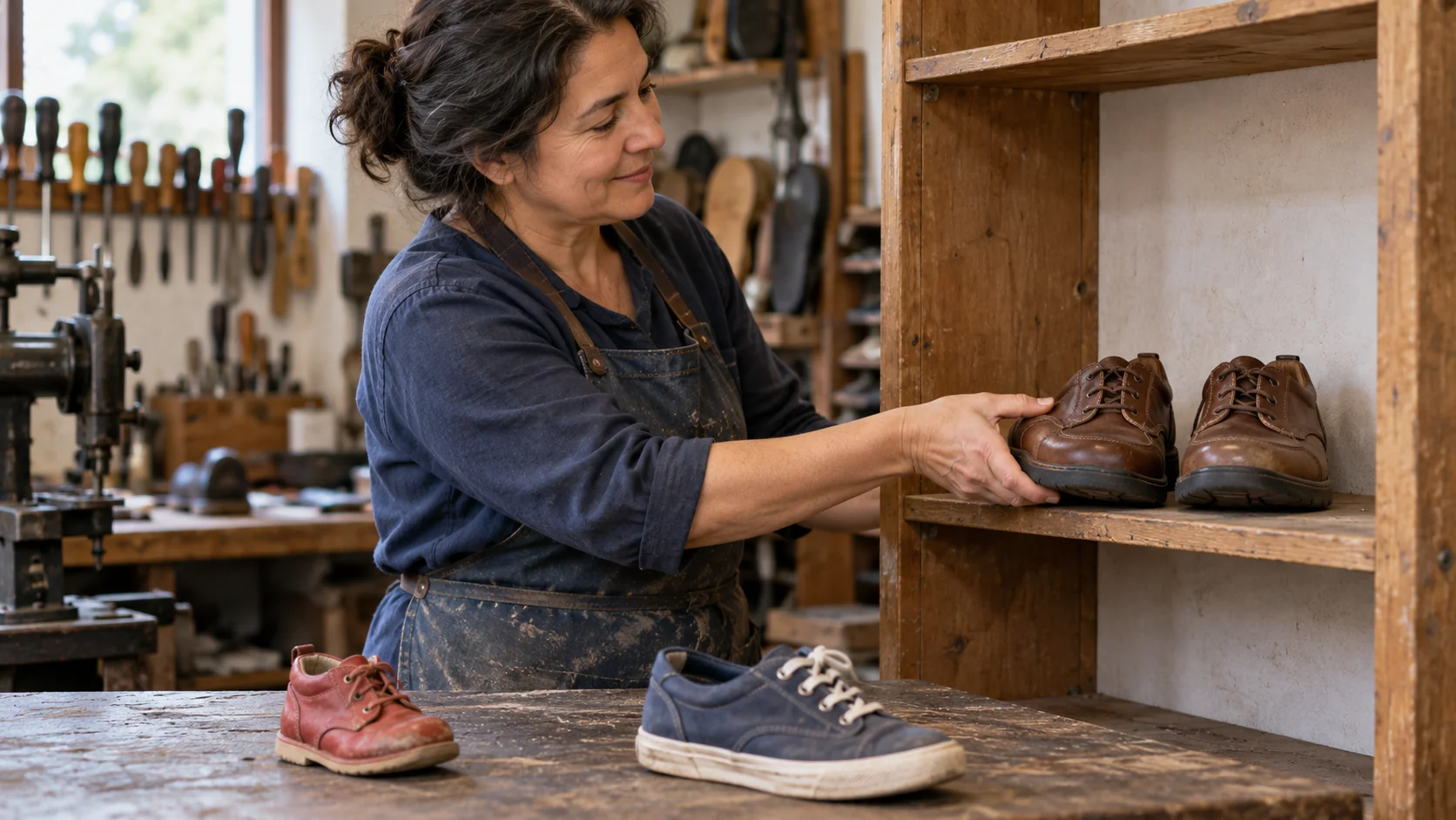 A cobbler completes a matching pair of brown shoes on a shelf while two single shoes remain on the workbench