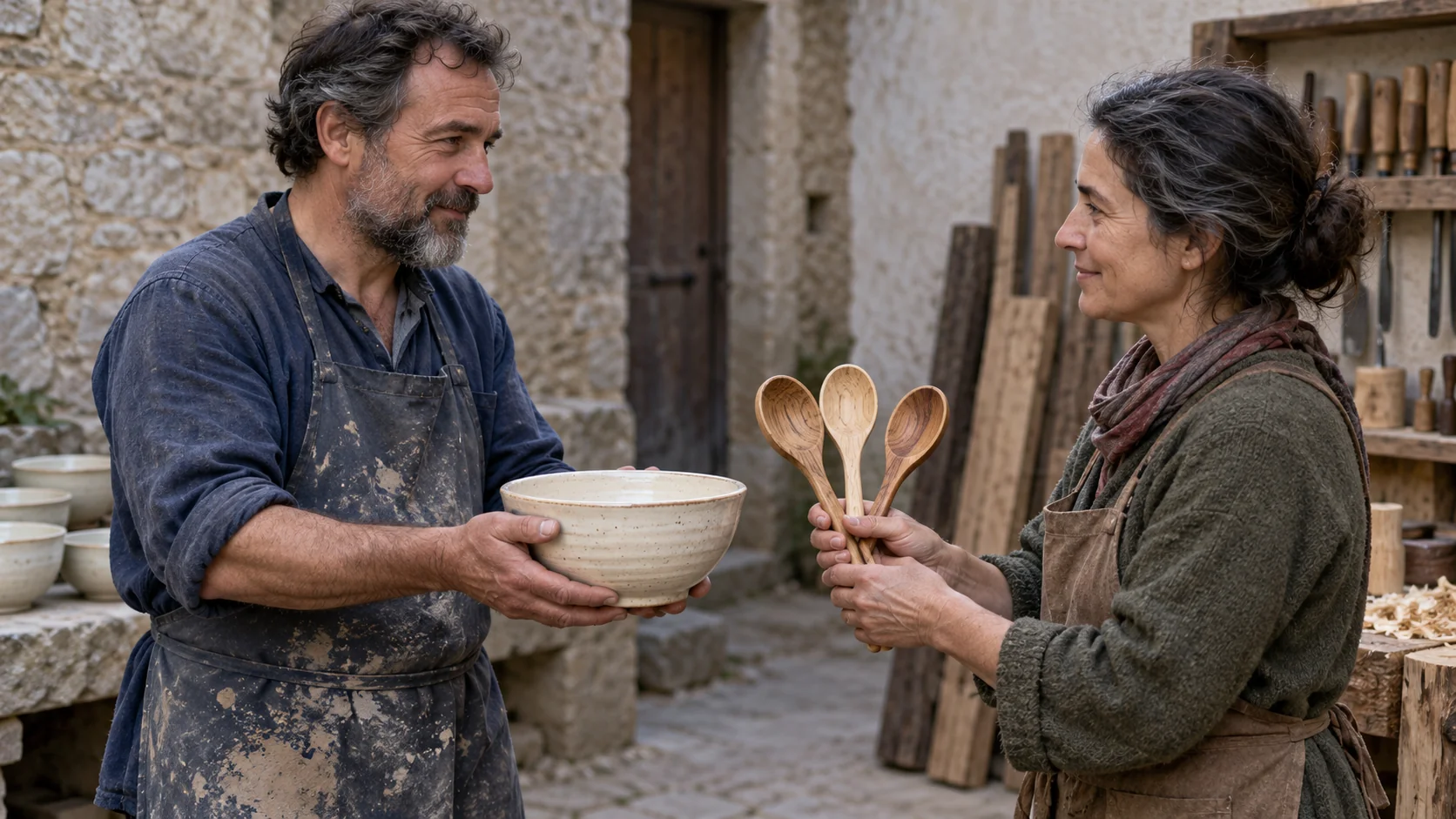 A potter offers one ceramic bowl while a woodcarver offers three wooden spoons in a shared courtyard