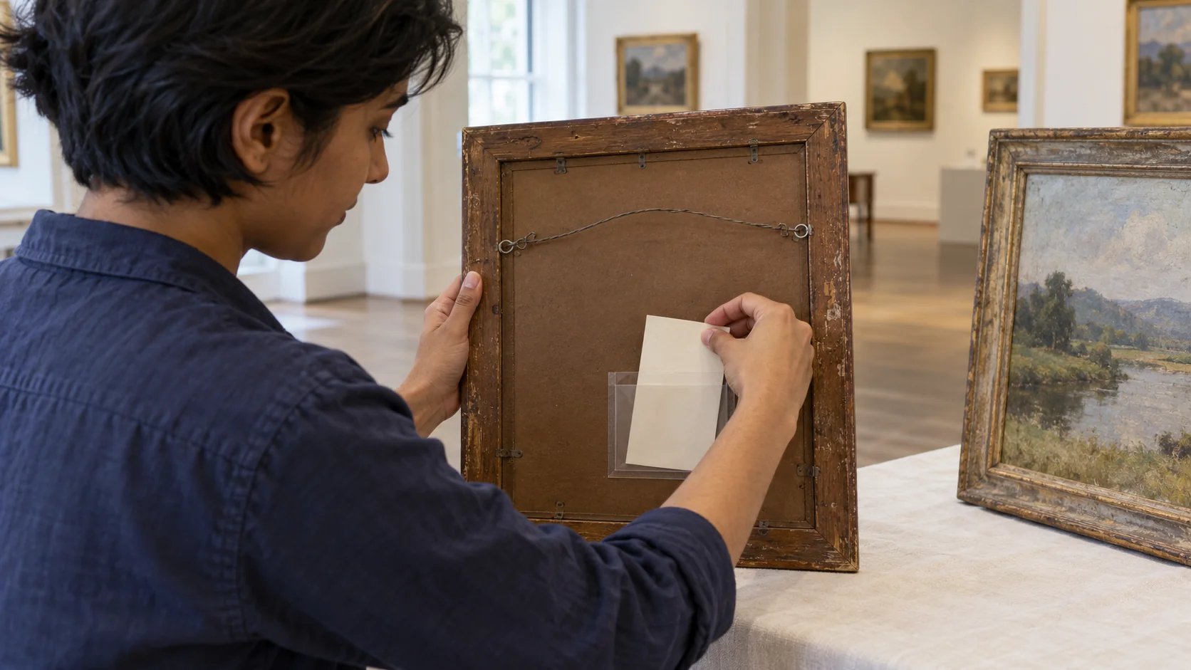 A gallery assistant slides a provenance slip into a clear pocket on the back of a picture frame beside a landscape painting