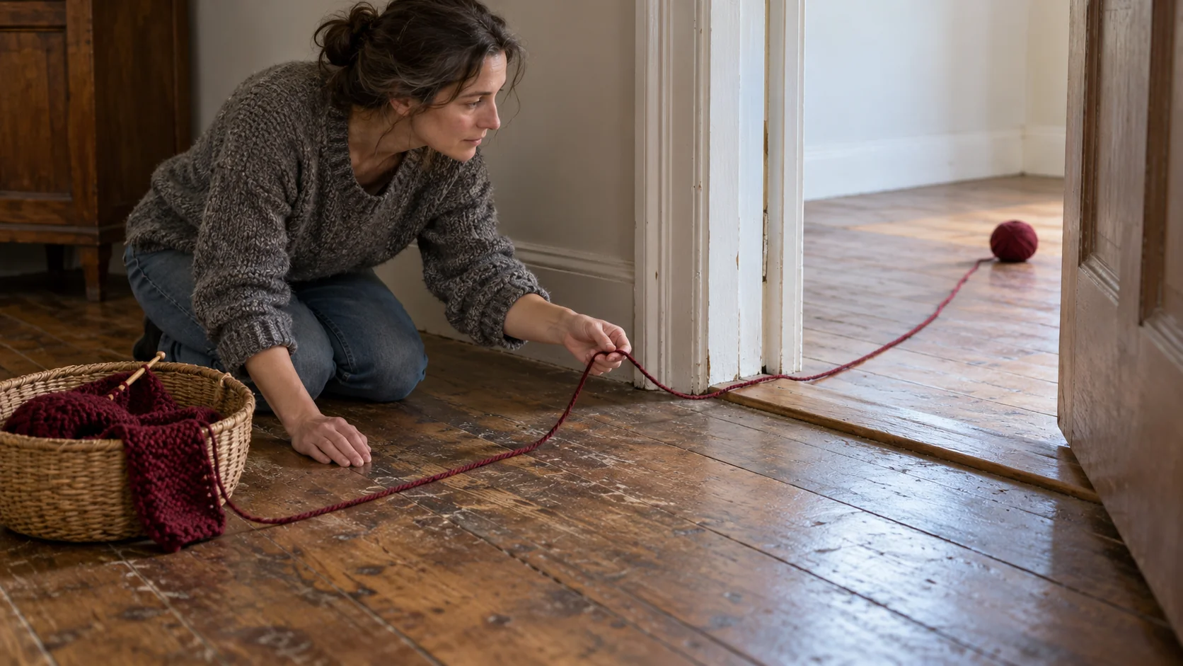 A woman traces a burgundy wool strand from a mending basket across a doorway to a ball in the next room