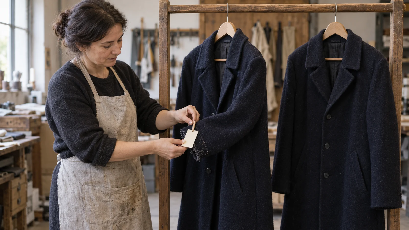 A tailor clips a blank repair ticket to the frayed cuff of one navy coat while a matching coat hangs untouched