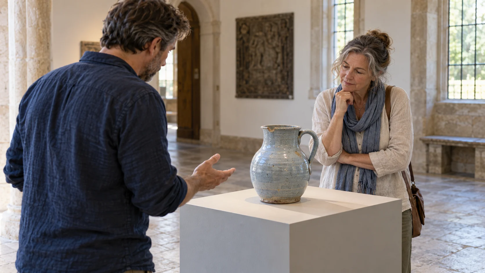 Two museum visitors study the same chipped blue jug from opposite sides of its plinth