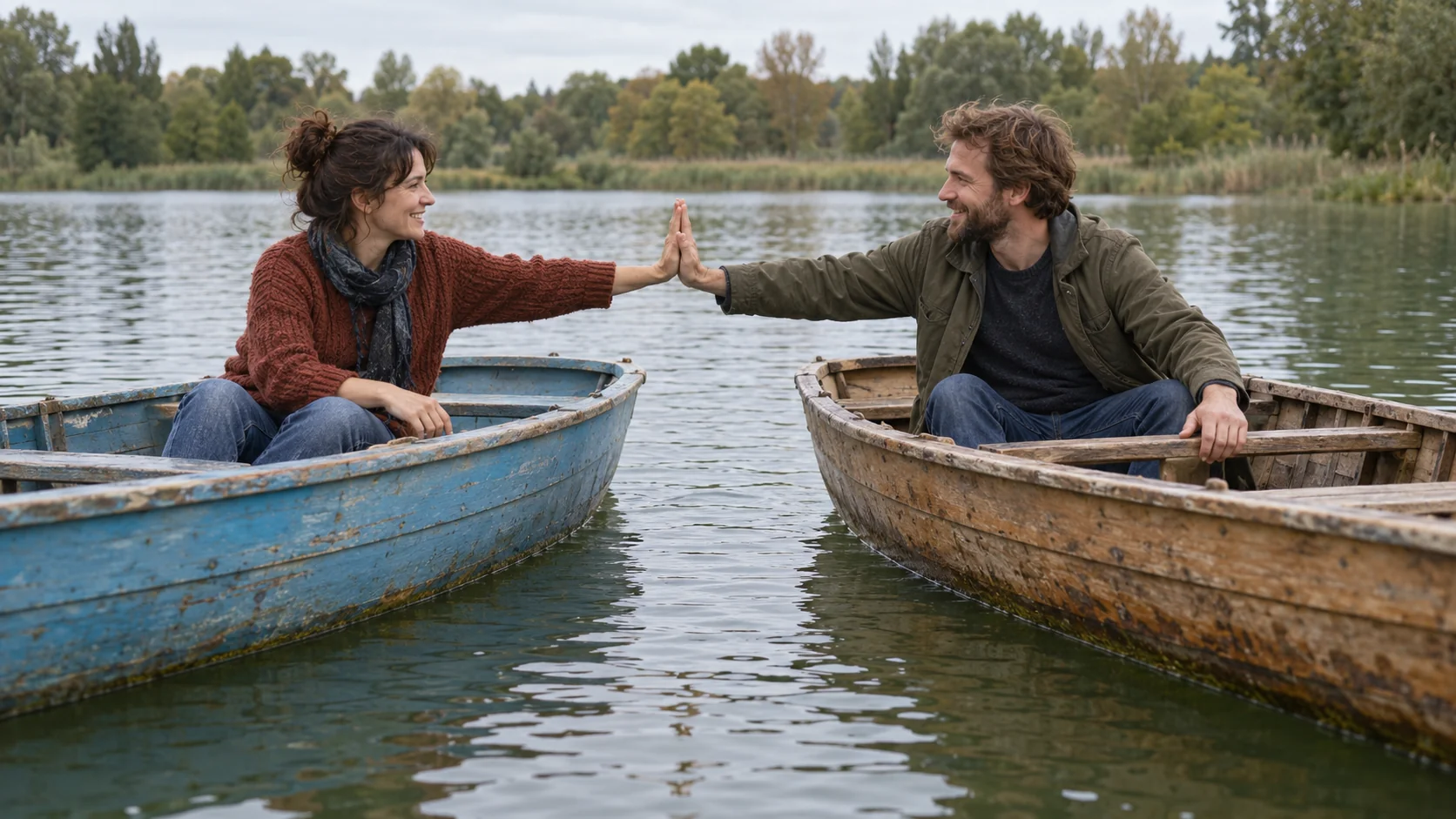 Two seated friends press their palms together across a water gap between separate wooden rowboats
