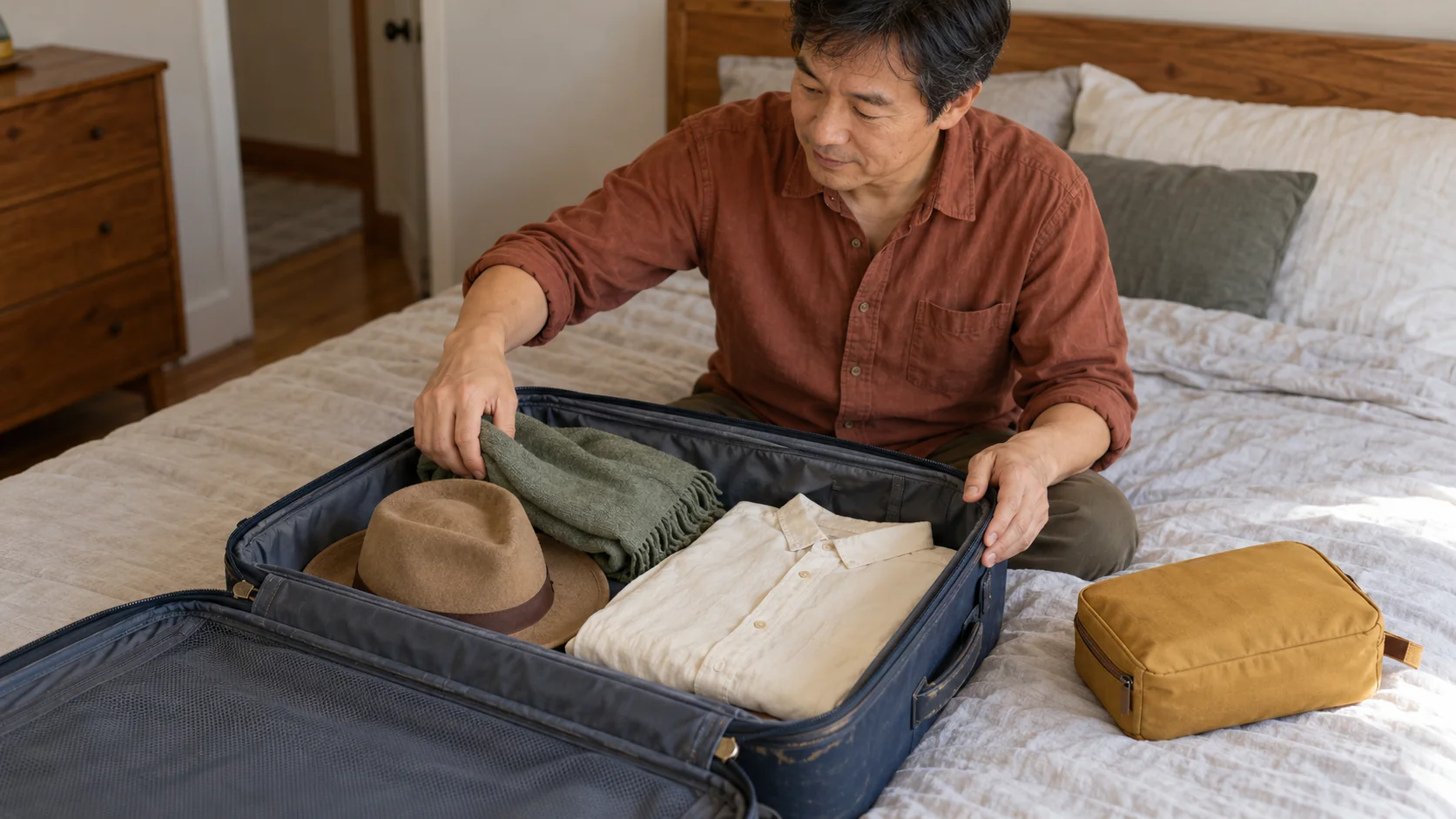 A traveler places a scarf beside a hat and folded shirt in a suitcase while a closed yellow pouch stays outside