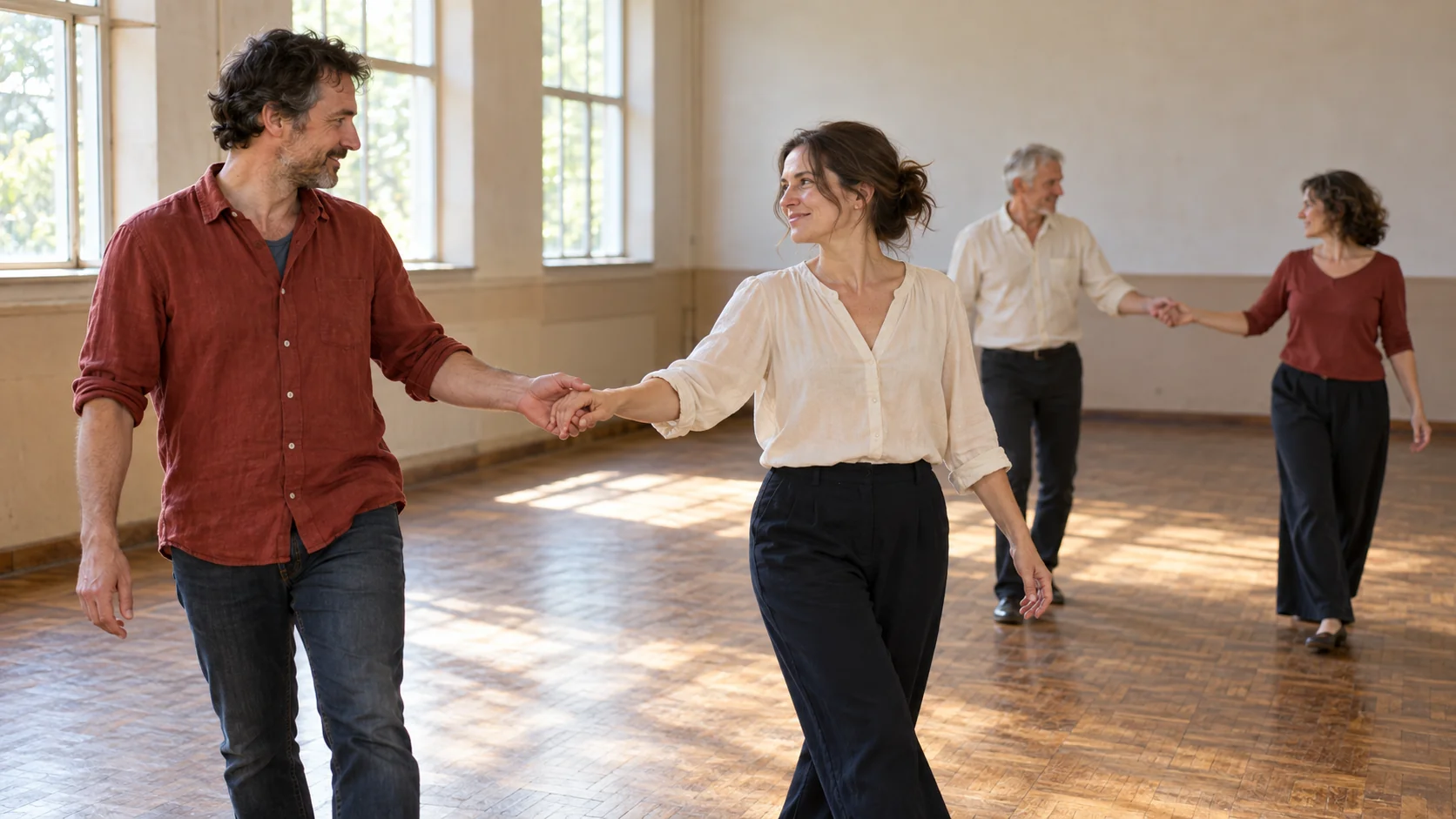 Two pairs of adults practice a partner dance in a sunlit hall, each pairing a rust-colored top with a cream one