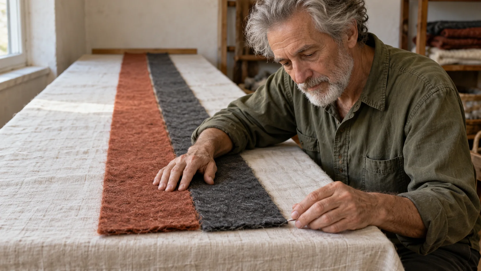 A craftsperson compares the fuzzy ends of two long felt strips with a small difference in length