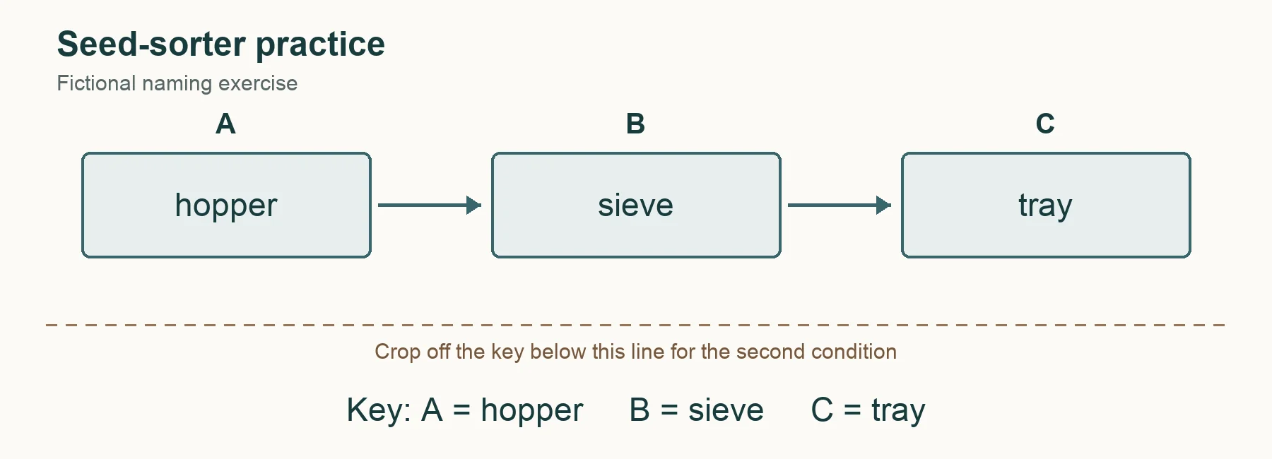 Three identical boxes labeled A, B, and C, containing hopper, sieve, and tray, with arrows between them and a redundant answer key below a crop guide