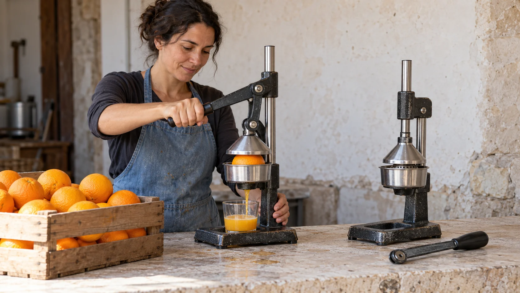 A volunteer uses one citrus press beside a second press with its lever removed, with a crate of oranges waiting